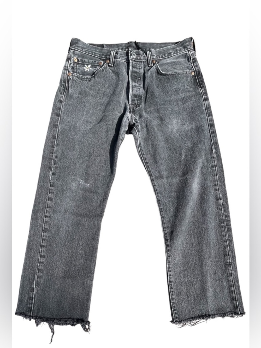 Levi's 501 Button Fly Jeans Black Washed With Embroidered Daisies & Raw Hem